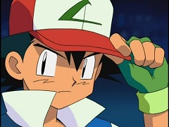 Still of Ash, the main character in the Pokemon TV series, gripping his hat